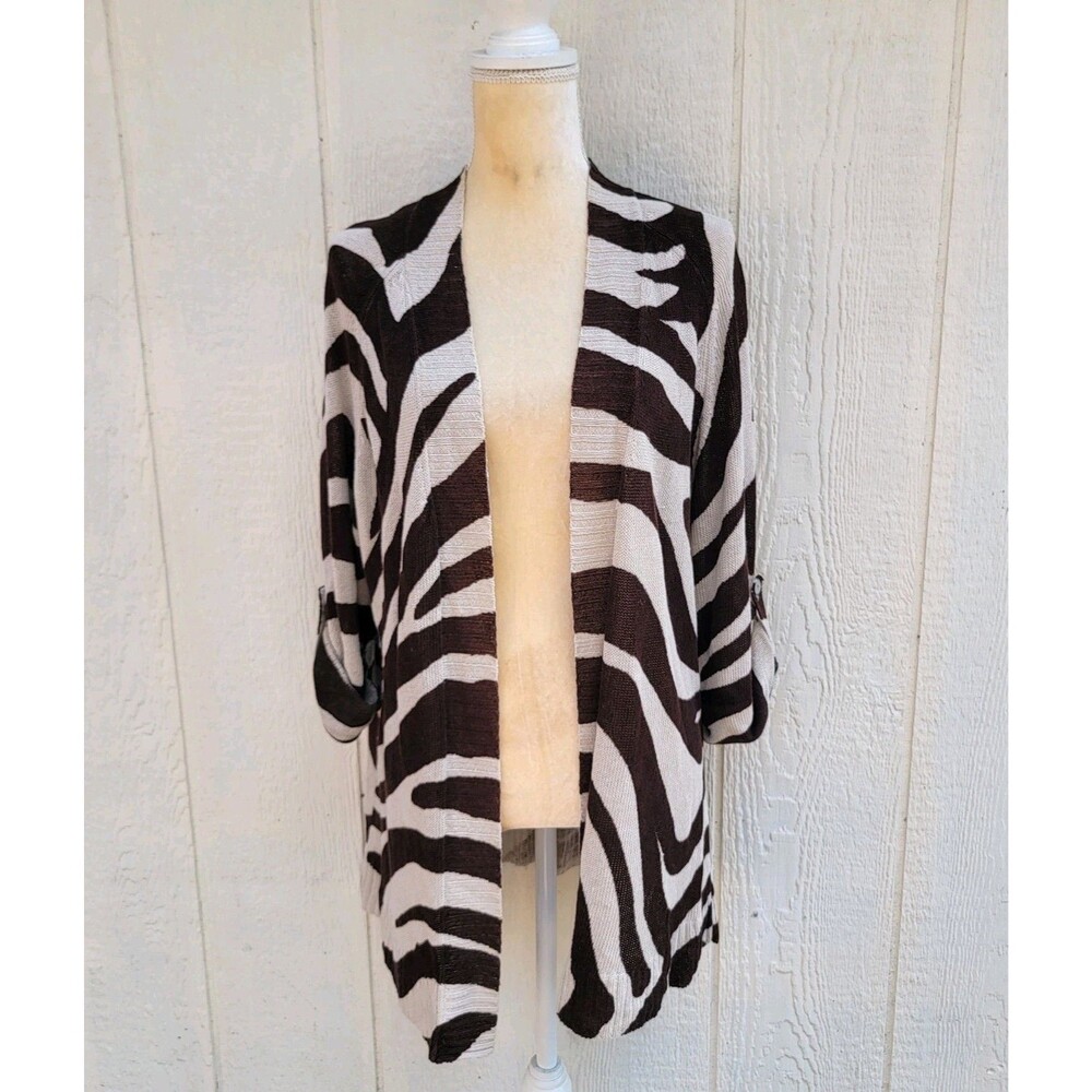Chico's zebra print linen blend open front knit cardigan tan/brn sz 3 (XL)